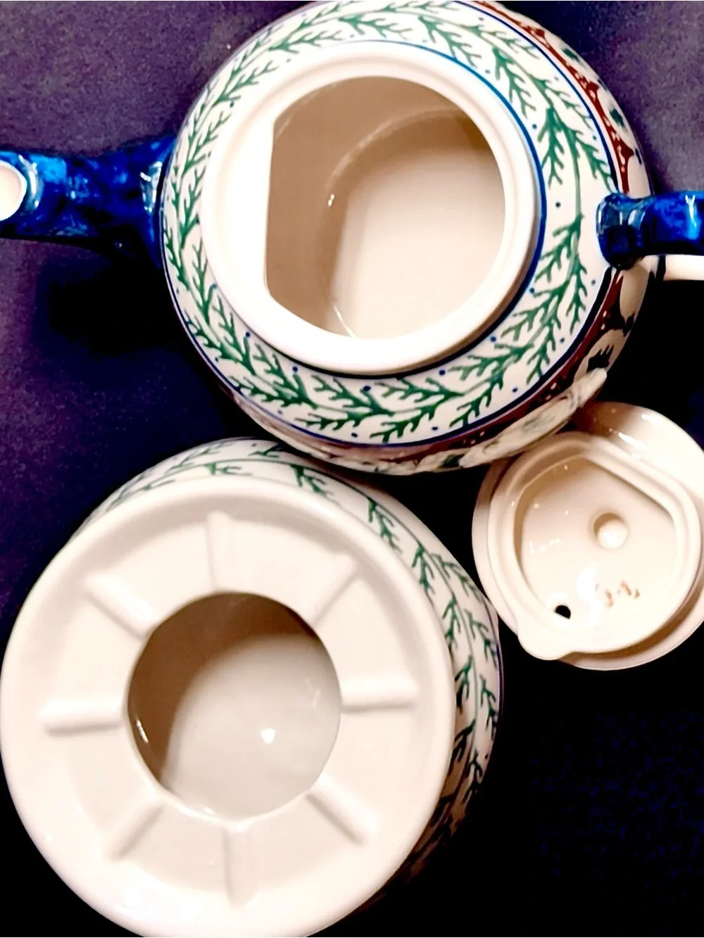Blue and White Ceramic Teapot with Green and Brown Pattern